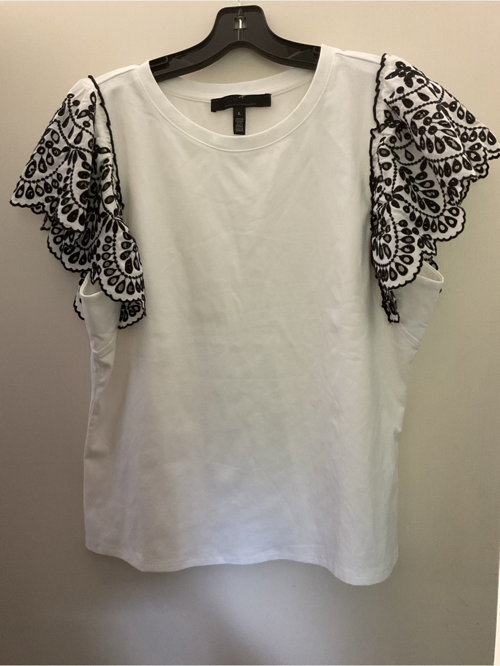 White House Black Market White Tee with Black Lace Flutter Sleeves